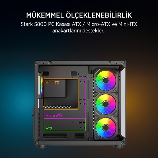 James Donkey JD-STARK-S800-650W Gaming Kasa - 650W 80+ Bronze, 4x ARGB Fan, Temperli Cam, ATX, Siyah Oyuncu Kasası