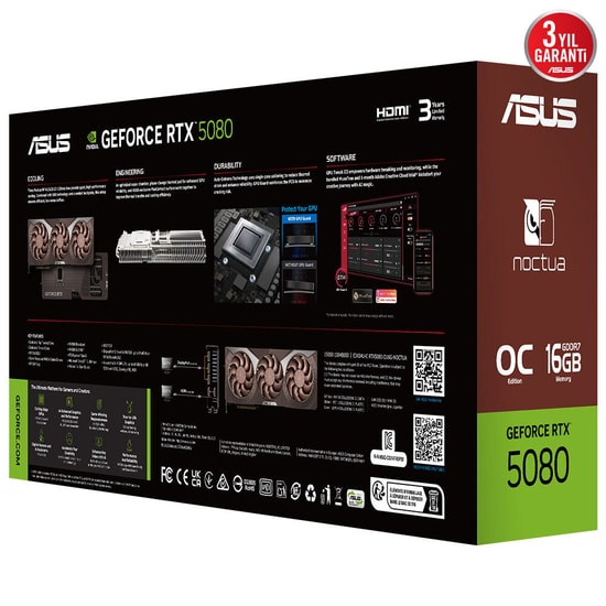 Asus GeForce RTX 5080 Noctua OC 16GB GDDR7 Ekran Kartı (RTX5080-O16G-NOCTUA) - 256 Bit, DLSS 4, 2xHDMI, 3xDP