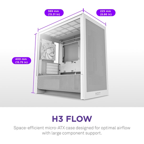 NZXT H3 Flow Beyaz Micro ATX Kasa + 750W Güç Kaynağı (CC-H31FW-01-C750SI) - Temperli Cam, Yüksek Hava Akışı, Mesh