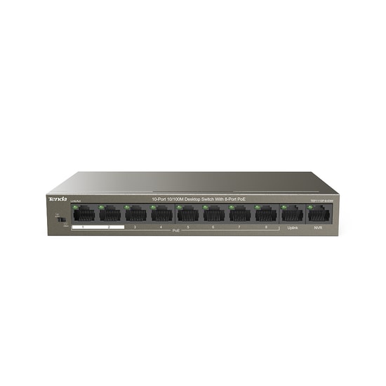 Tenda TEF1110P-8-63W 10 Port 10/100 8xPoE 58W Switch - 2x Uplink, 250m İletim Mesafesi, Yönetilemez Masaüstü