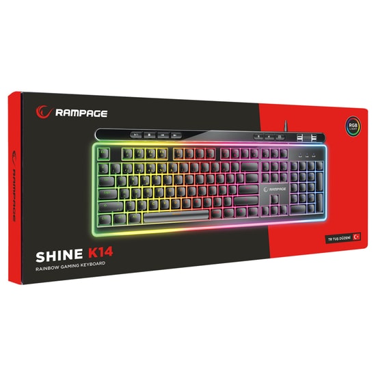 Rampage Shine K14 Siyah RGB Membran Kablolu Oyuncu Klavyesi - Türkçe Q, Rainbow Backlight, USB, Multimedya Tuşlu