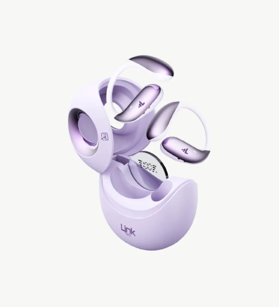 Linktech X166 Açık Kulak Tasarım Ai Dijital Ekranlı Mor Renkli Bluetooth Kulaklık - Spora Uygun, BT 5.0, 13 mm Sürücü