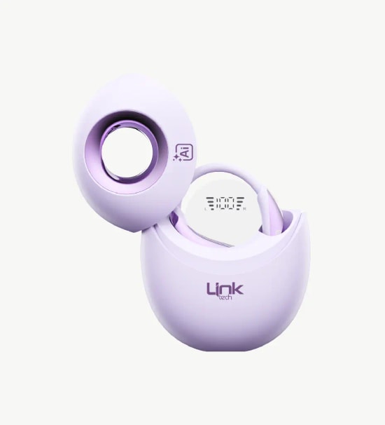 Linktech X166 Açık Kulak Tasarım Ai Dijital Ekranlı Mor Renkli Bluetooth Kulaklık - Spora Uygun, BT 5.0, 13 mm Sürücü