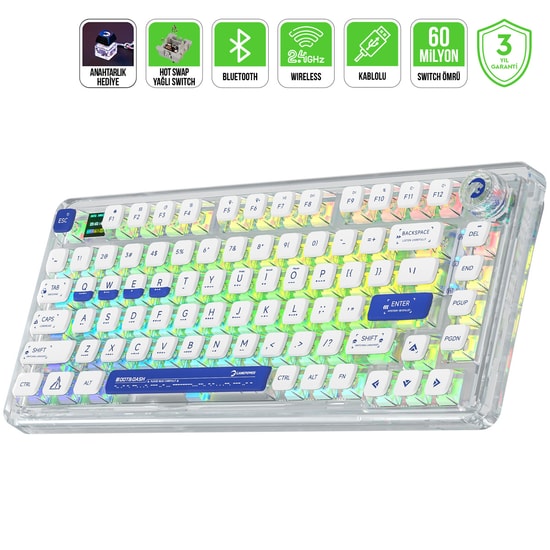 Gamepower Gasket Pro X RGB Kablosuz Mekanik Gaming Klavye - Hot-Swap Yağlı Switch, 0.85" LCD Ekran, 4000mAh, BT 5.0