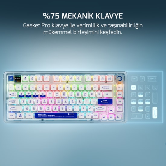 Gamepower Gasket Pro X RGB Kablosuz Mekanik Gaming Klavye - Hot-Swap Yağlı Switch, 0.85" LCD Ekran, 4000mAh, BT 5.0