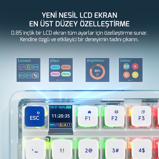 Gamepower Gasket Pro X RGB Kablosuz Mekanik Gaming Klavye - Hot-Swap Yağlı Switch, 0.85" LCD Ekran, 4000mAh, BT 5.0