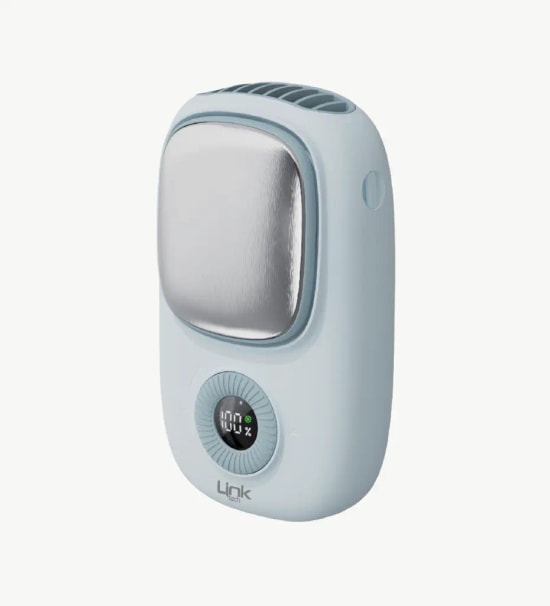 LinkTech FA51 Premium Büyük Boy Buz Kompresli Mavi El Fanı - Eller Serbest, Askı İpli, 15.000 RPM, Ayarlanabilir Hız