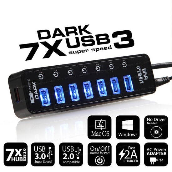 Dark DK-AC-USB371 7 Port USB 3.0 Çoklayıcı Hub - 1x Hızlı Şarj Portu, Bağımsız Anahtarlı, Adaptör Destekli, Siyah