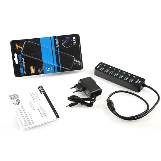 Dark DK-AC-USB371 7 Port USB 3.0 Çoklayıcı Hub - 1x Hızlı Şarj Portu, Bağımsız Anahtarlı, Adaptör Destekli, Siyah