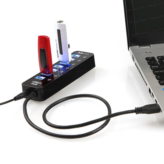 Dark DK-AC-USB371 7 Port USB 3.0 Çoklayıcı Hub - 1x Hızlı Şarj Portu, Bağımsız Anahtarlı, Adaptör Destekli, Siyah