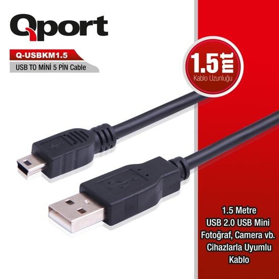 Qport Q-USBKM1.5 USB 2.0 to Mini USB 5 Pin Kamera Data ve Şarj Kablosu - 1.5 Metre Uzunluk, Siyah ve Dayanıklı