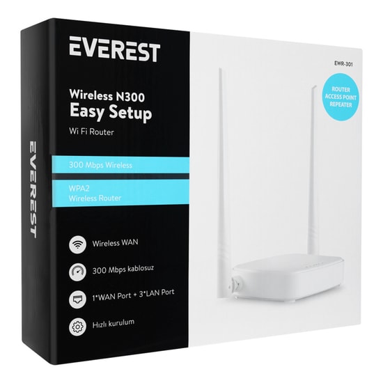Everest EWR-301 300Mbps Access Point Router - WiFi 4, 300Mbps 2.4GHz, 4 Port, Menzil Genişletici, 2 Antenli