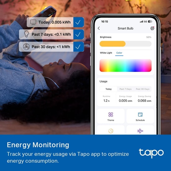 TP-Link Tapo L430P Çok Renkli Akıllı P45 Ampul - Wi-Fi, 16 Milyon Renk, Biyoritim, Enerji İzleme, Sesli Komut Desteği