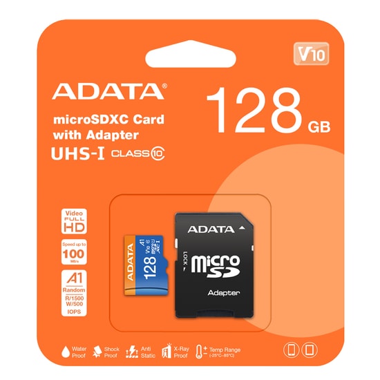 Adata 128GB Premier microSDXC (AUSDX128GUICL10A1-RA1) Hafıza Kartı + SD Adaptör - 100/25MB/s, UHS-I, Class 10, V10