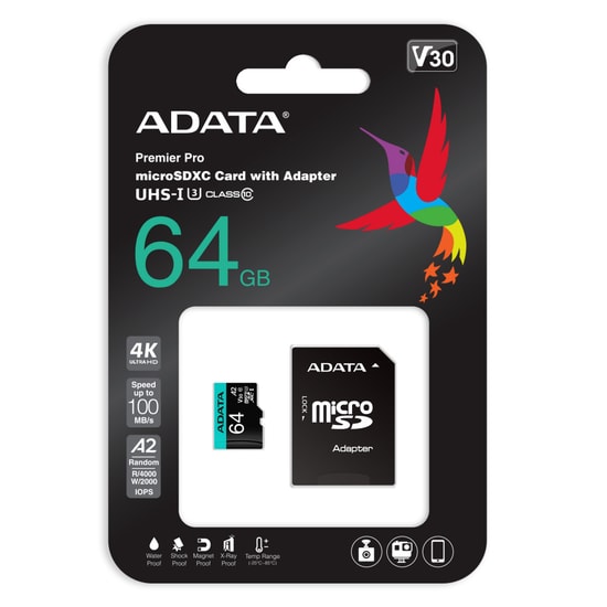 Adata 64GB Premier Pro microSDXC (AUSDX64GUI3V30SA2-RA1) Hafıza Kartı + SD Adaptör - 100/80MB/s, UHS-I U3, V30, A2