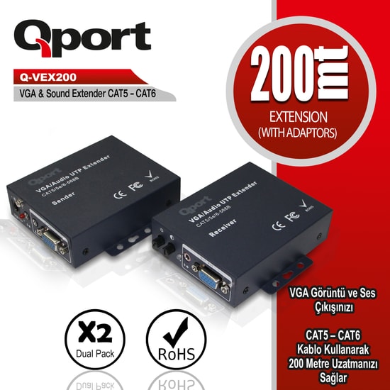 Qport Q-VEX200 VGA Extender 200 Metre CAT6 2'li Paket - VGA Görüntü Uzatma Seti, RJ45 Üzerinden Aktarım