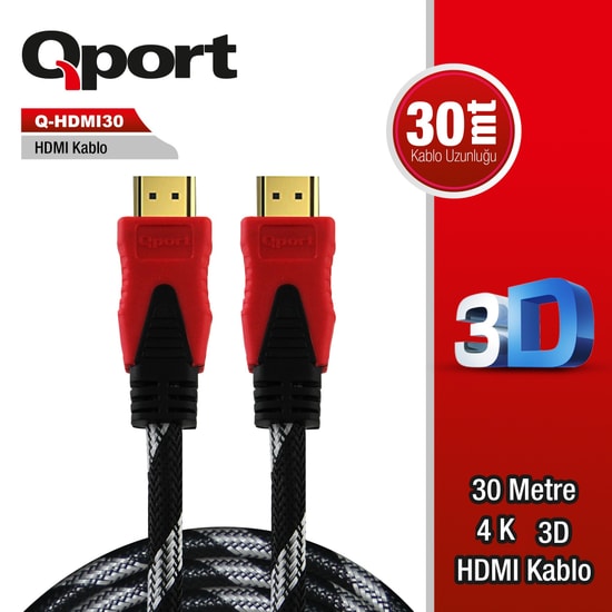 Qport Q-HDMI30 30 Metre HDMI 1.4 Kablo - 4K ve 3D Destekli, Altın Uçlu, Parazit Önleyici Görüntü ve Ses Kablosu