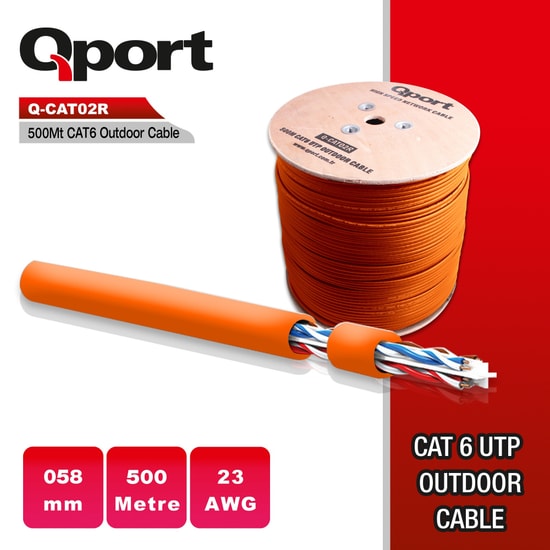 Qport Q-CATO2R CAT6 500 Metre Turuncu Outdoor Ağ Kablosu - 23AWG UTP, 0.58mm Makaralı, Dış Ortam Network Kablosu