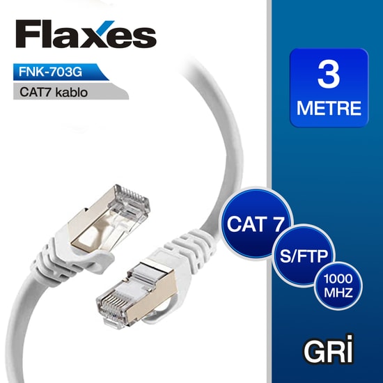 FLAXES FNK-703G 3 Metre CAT7 Gri Network Patch Kablo - 10Gbps Yüksek Performanslı S/FTP Bağlantı Kablosu