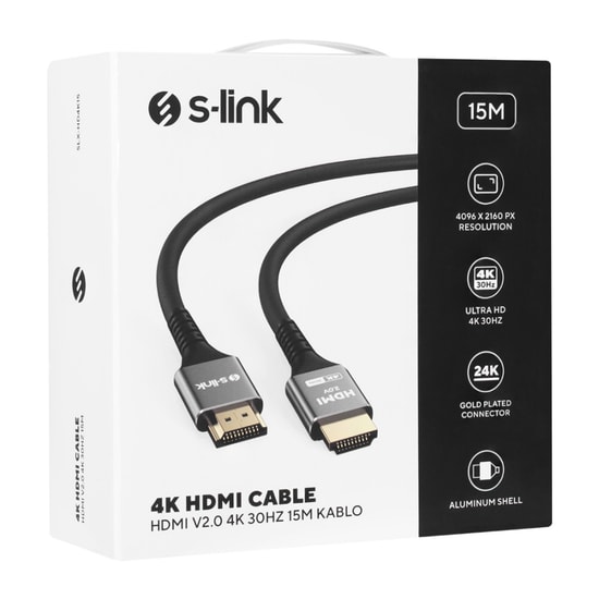 S-Link SLX-HD4K15 19+1 Hdmi to Hdmi 15 Metre Metal v2.0 4K (4096x2160) 30Hz Kablo - Yüksek Hızlı Görüntü Aktarımı