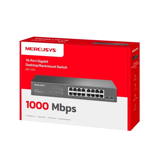 Mercusys MS116GS 16 Port 10/100/1000Mbps Gigabit Switch - 1U 13 inç Rackmount Çelik Kasa, Fansız Sessiz Tasarım