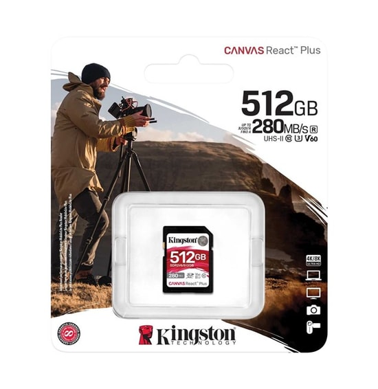 Kingston 512GB Canvas React Plus SDXC (SDR2V6/512GB) - 280MB/s Okuma, 150MB/s Yazma, UHS-II, U3, V60 Hafıza Kartı