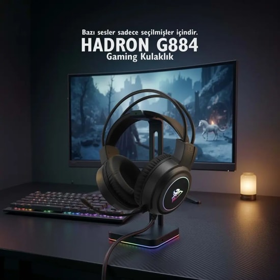 Hadron G884-SIYAH Kablolu Gaming Kulak Üstü Kulaklık - Led Işıklı, Mikrofonlu, 200cm Kablo, 65 dB Ses Gücü
