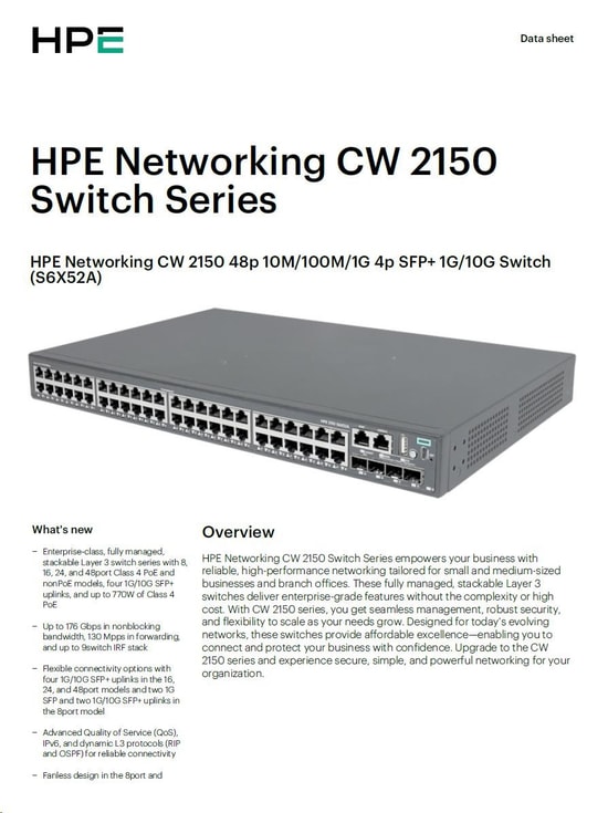 HPE Networking Comware 2150 48G 4P S6X52A Switch - 48 Port Gigabit, 4 SFP Uplink, Yönetilebilir Layer 2 Anahtar