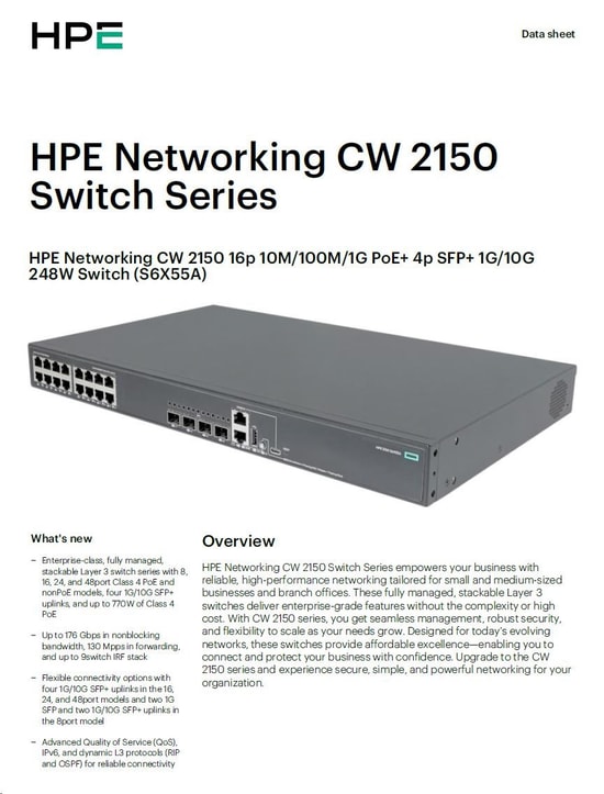 HPE Networking Comware 2150 16G PoE+ 4P S6X55A Switch - 16 Port Gigabit, 4 SFP, 248W PoE+, Yönetilebilir Katman 2