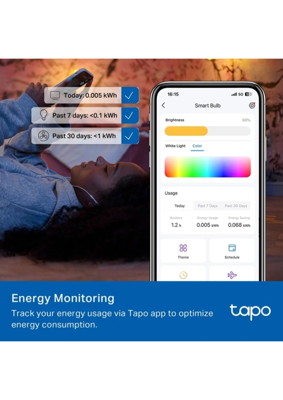 TP-Link Tapo L430C Çok Renkli Akıllı Ampul - 16 Milyon Renk, 2500K-6500K, Biyoritim, Wi-Fi, Enerji İzleme, Sesli Komut