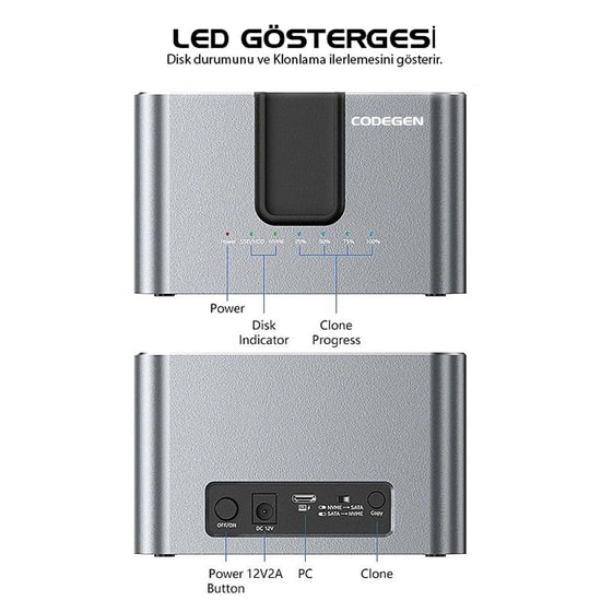Codegen CDG-DOC-505 2.5"/3.5" SATA ve M.2 NVMe SSD Docking Station - Çevrimdışı Kopyalama, Disk Klonlama Ünitesi