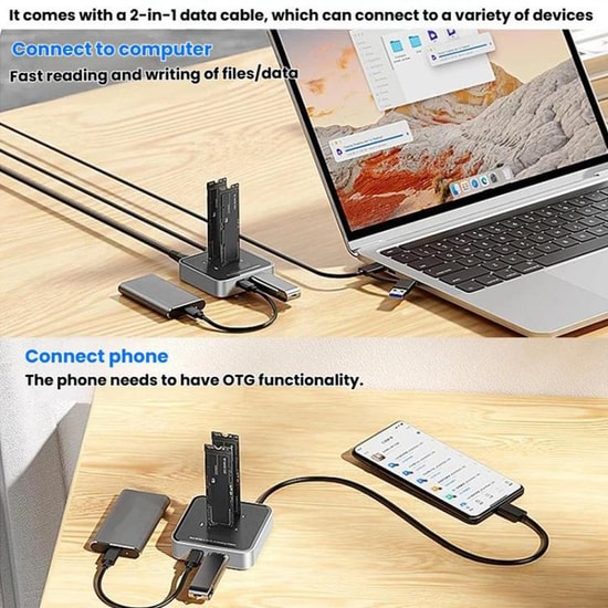 Codegen CDG-DOC-212 Çift M.2 NVMe SSD Dock İstasyonu - USB 3.1 Type-C, 10Gbps, Çift Disk Yuvalı, 0.2m Kablo