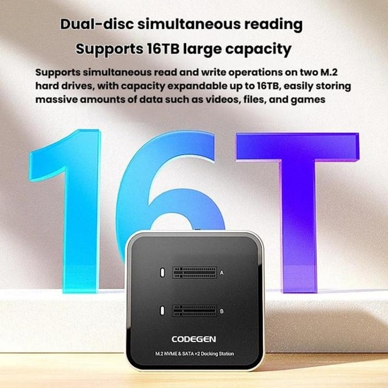 Codegen CDG-DOC-212 Çift M.2 NVMe SSD Dock İstasyonu - USB 3.1 Type-C, 10Gbps, Çift Disk Yuvalı, 0.2m Kablo