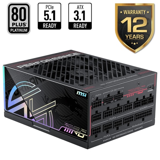 MSI MPG AI1600TS PCIE5.1 1600W 80+ Titanium Güç Kaynağı - ATX 3.1, PCIe 5.1, Çift 12V-2x6, Full Modüler PSU