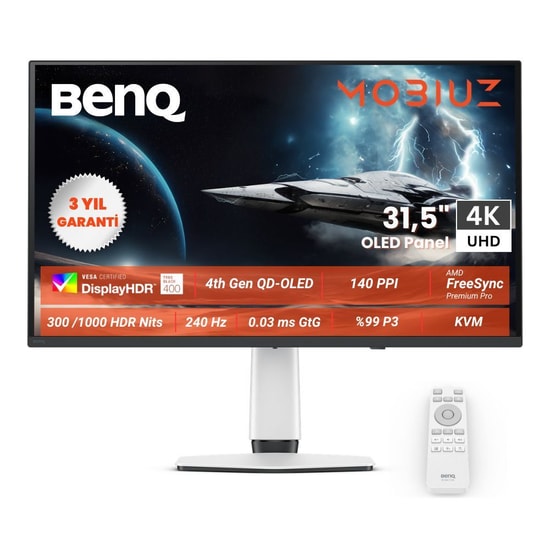 BenQ Mobiuz EX321UZ 31.5" 4K 240Hz 0.03ms OLED Oyuncu Monitörü - 3840x2160, HDR500, HDMI, USB-C, Kumandalı