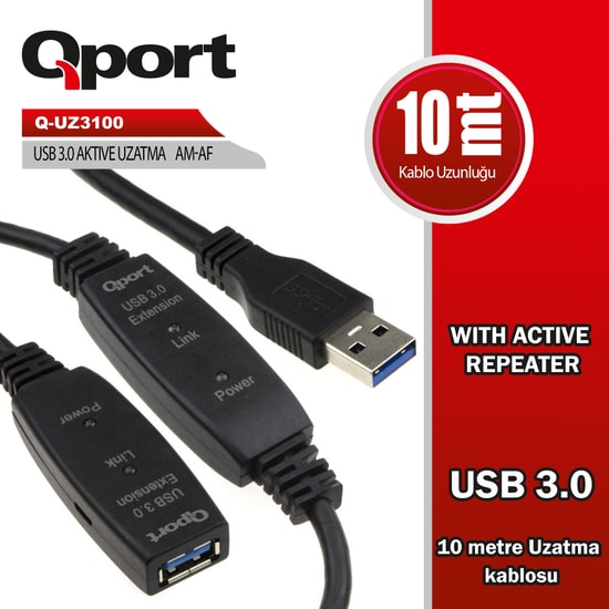 Qport Q-UZ3100-10MT 10 Metre USB 3.0 Uzatma Kablosu - Yüksek Hızlı Veri Aktarımı, Dayanıklı ve Esnek Yapı, Siyah