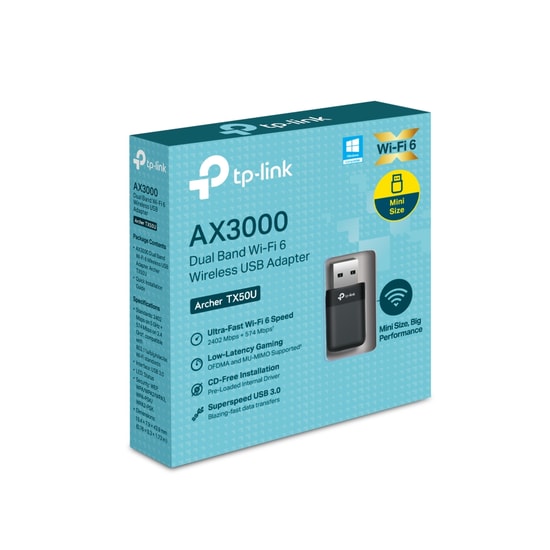 TP-Link Archer TX50U AX3000 Wi-Fi 6 USB Ağ Adaptörü - 2402Mbps 5GHz, 574Mbps 2.4GHz, USB 3.0, MU-MIMO, Dual Band
