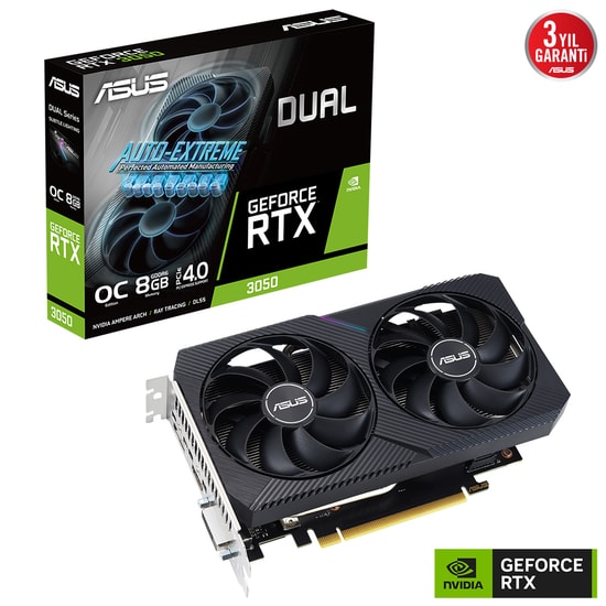 Asus Dual GeForce RTX 3050 V2 OC 8GB GDDR6 Ekran Kartı (DUAL-RTX3050-O8G-V2) - 128 Bit, 1852MHz, HDMI, DP, DVI