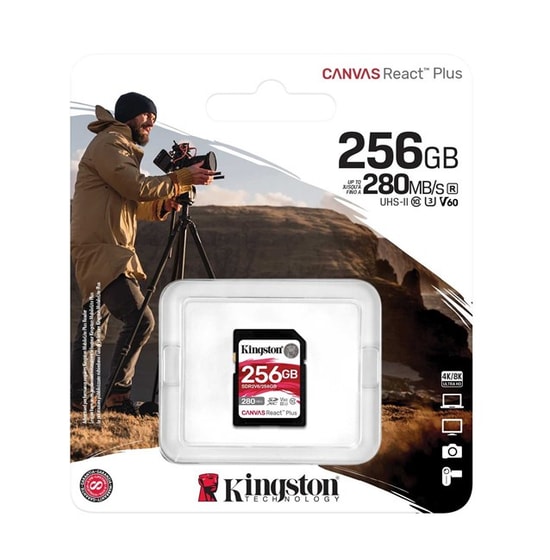 Kingston 256GB Canvas React Plus SDXC (SDR2V6/256GB) - 280MB/s Okuma, 150MB/s Yazma, UHS-II, U3, V60 Hafıza Kartı