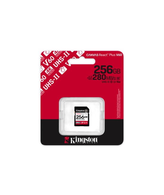 Kingston 256GB Canvas React Plus SDXC (SDR2V6/256GB) - 280MB/s Okuma, 150MB/s Yazma, UHS-II, U3, V60 Hafıza Kartı