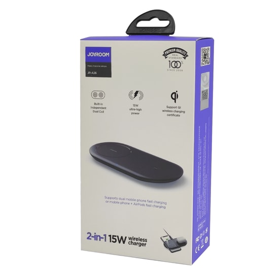 Joyroom JR-A26-BLACK-NT96525 2in1 15W Kablosuz Şarj Cihazı - Siyah, Hızlı Şarj Desteği, Masaüstü Stand Tasarımı
