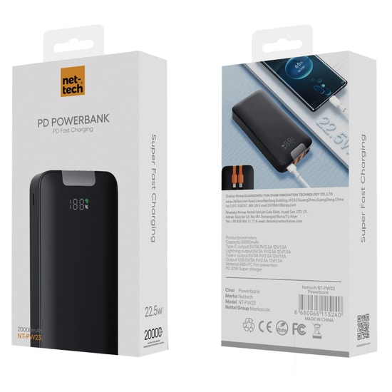 Nettech NT-PW23 SIYAH 22.5W 20000 mAh Taşınabilir Powerbank - 2 Çıkışlı, Hızlı Şarj Desteği, Led Pil Göstergeli