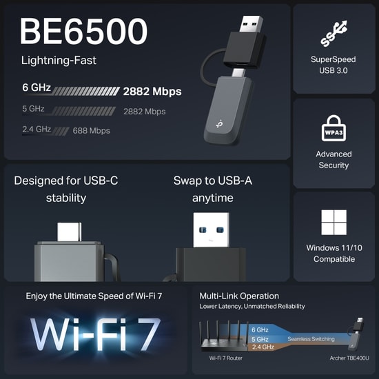 TP-Link Archer TBE400U BE6500 Wi-Fi 7 Mini USB Ağ Adaptörü - 6500Mbps, Tri-Band, MU-MIMO, USB 3.0, Ultra Küçük