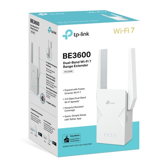TP-Link RE225BE BE3600 WiFi 7 Menzil Genişletici - Çift Bant 3.6 Gbps, 2.5G Port, MLO, EasyMesh, AP Modu, 2 Anten