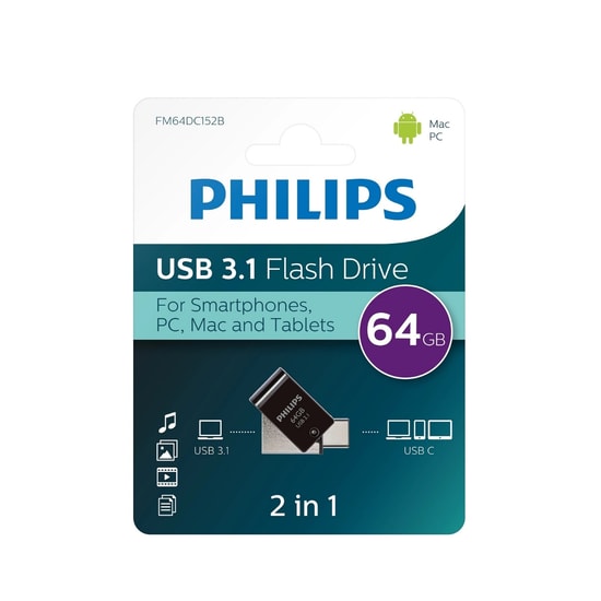 Philips FM64DC152B 64GB USB 3.1 Type-C Flash Bellek - 150MB/s Okuma Hızı, Çift Taraflı Kullanım, Metalik Gri Tasarım