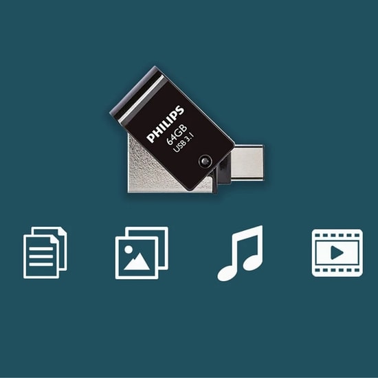 Philips FM64DC152B 64GB USB 3.1 Type-C Flash Bellek - 150MB/s Okuma Hızı, Çift Taraflı Kullanım, Metalik Gri Tasarım