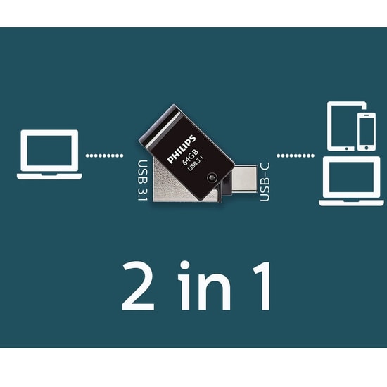 Philips FM64DC152B 64GB USB 3.1 Type-C Flash Bellek - 150MB/s Okuma Hızı, Çift Taraflı Kullanım, Metalik Gri Tasarım
