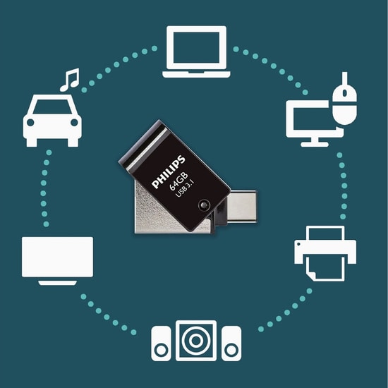 Philips FM64DC152B 64GB USB 3.1 Type-C Flash Bellek - 150MB/s Okuma Hızı, Çift Taraflı Kullanım, Metalik Gri Tasarım