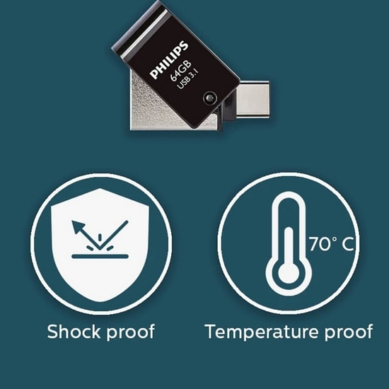 Philips FM64DC152B 64GB USB 3.1 Type-C Flash Bellek - 150MB/s Okuma Hızı, Çift Taraflı Kullanım, Metalik Gri Tasarım