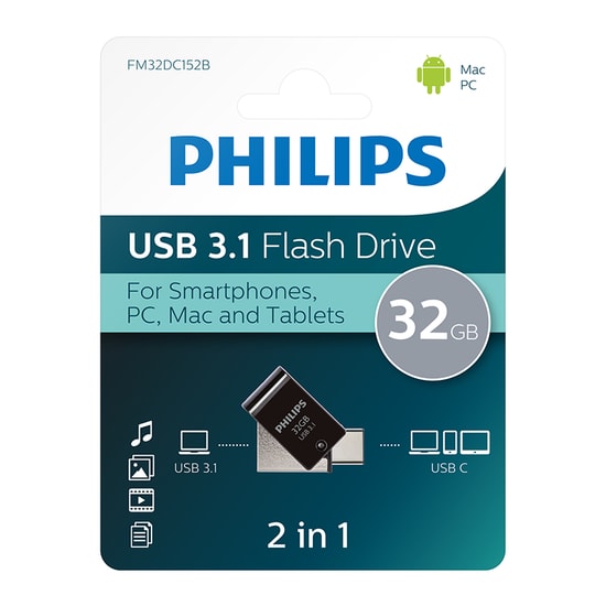 Philips FM32DC152B 32GB USB 3.1 Type-C Flash Bellek - 150MB/s Okuma Hızı, Çift Taraflı Kullanım, Metalik Gri Tasarım